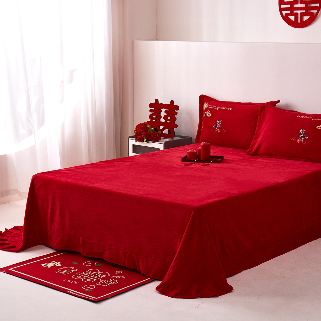 91家纺网 家纺一手货源 找家纺 浩情国际婚庆供货中心 2026新品婚庆加厚全消光牛奶绒四件套系列 欢喜百子