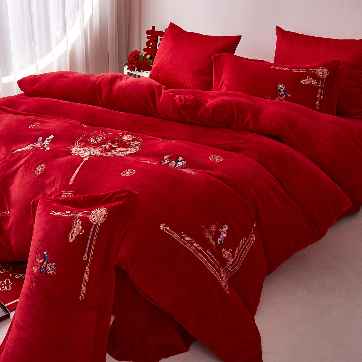 91家纺网 家纺一手货源 找家纺 浩情国际婚庆供货中心 2026新品婚庆加厚全消光牛奶绒四件套系列 欢喜百子