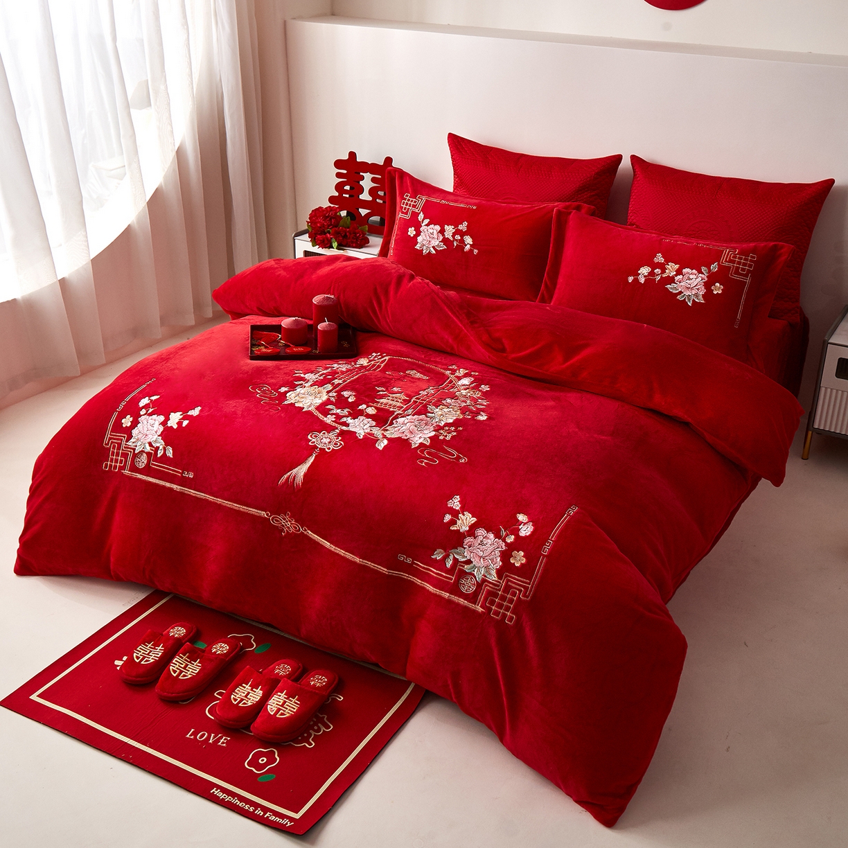 91家纺网 家纺一手货源 找家纺 浩情国际婚庆供货中心 2026新品婚庆加厚全消光牛奶绒四件套系列 富贵满堂