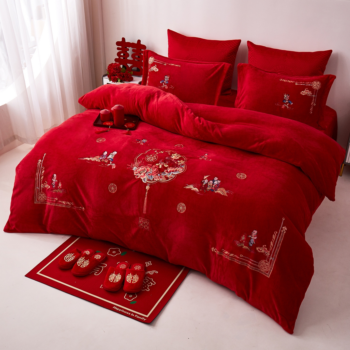 91家纺网 家纺一手货源 找家纺 浩情国际婚庆供货中心 2026新品婚庆加厚全消光牛奶绒四件套系列 欢喜百子