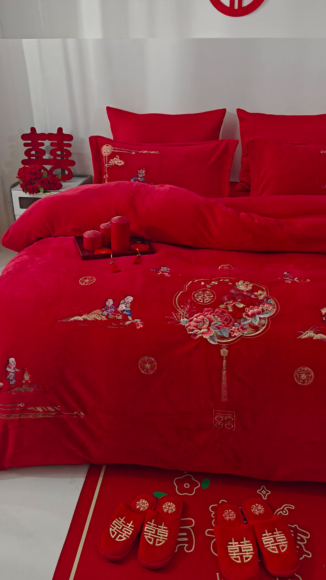 91家纺网 家纺一手货源 找家纺 浩情国际婚庆供货中心 2026新品婚庆加厚全消光牛奶绒四件套系列 欢喜百子