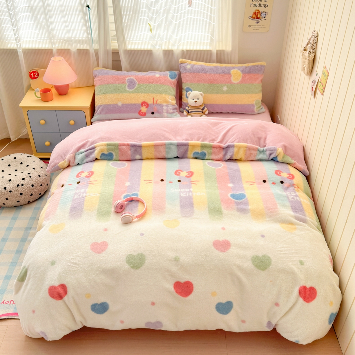 91家纺网 家纺一手货源 找家纺 乐童家纺 2025新款高克重兔毛牛奶绒四件套兔毛彩虹KT