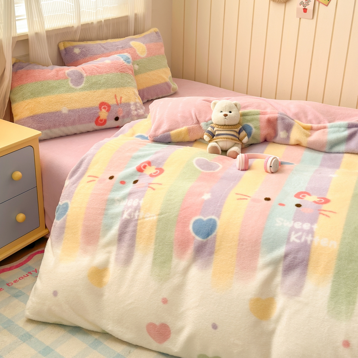 91家纺网 家纺一手货源 找家纺 乐童家纺 2025新款高克重兔毛牛奶绒四件套兔毛彩虹KT