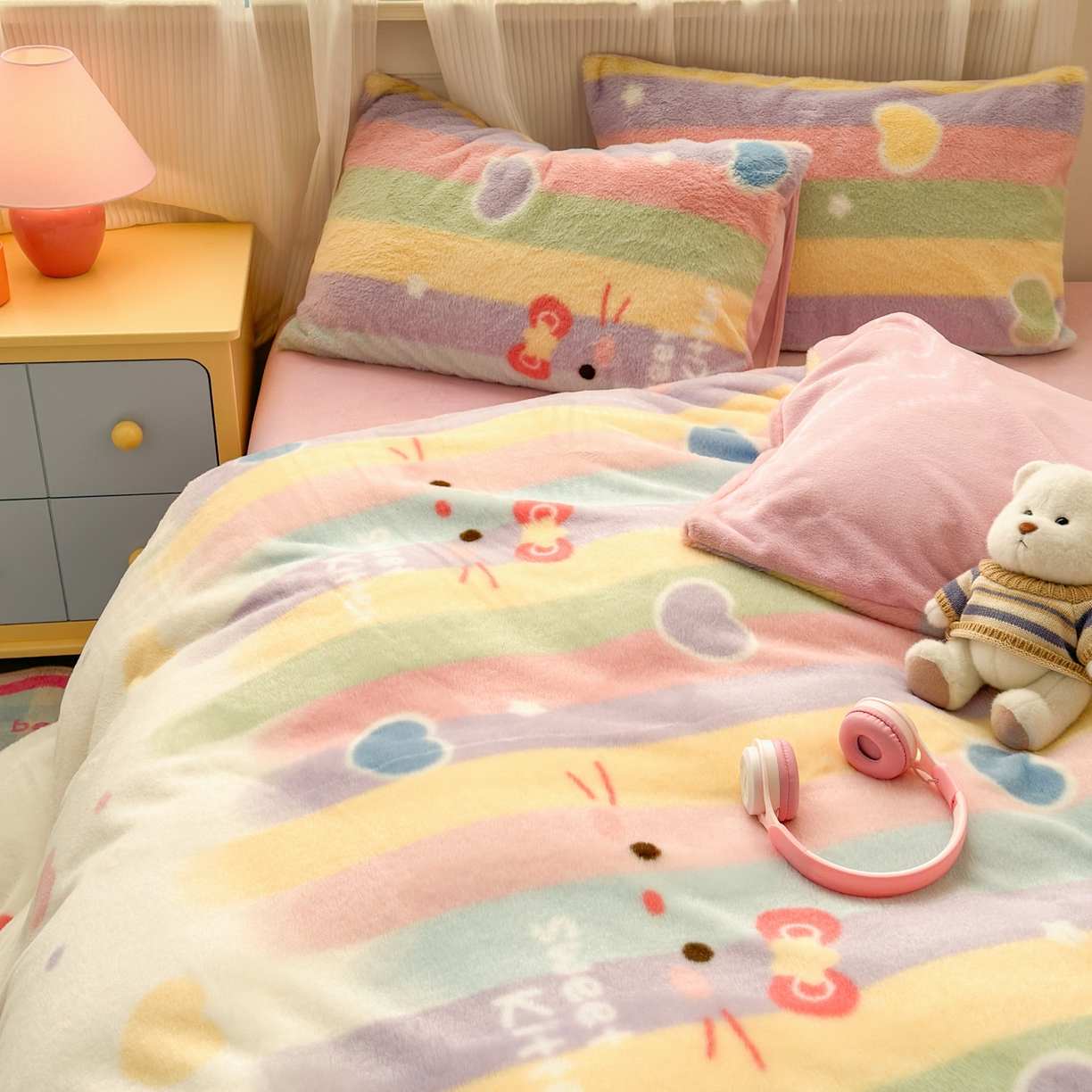 91家纺网 家纺一手货源 找家纺 乐童家纺 2025新款高克重兔毛牛奶绒四件套兔毛彩虹KT