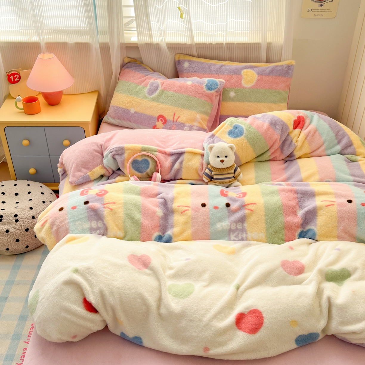 乐童家纺 2025新款高克重兔毛牛奶绒四件套兔毛彩虹KT