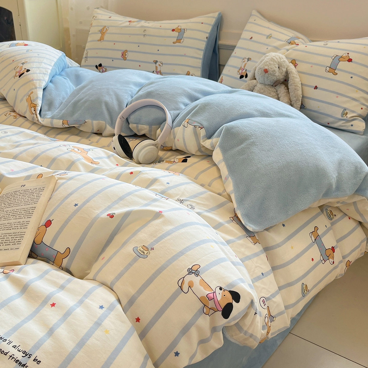 91家纺网 家纺一手货源 找家纺 吉象家纺 2025新款全棉牛奶绒印花四件套 棉绒-糖纸童年