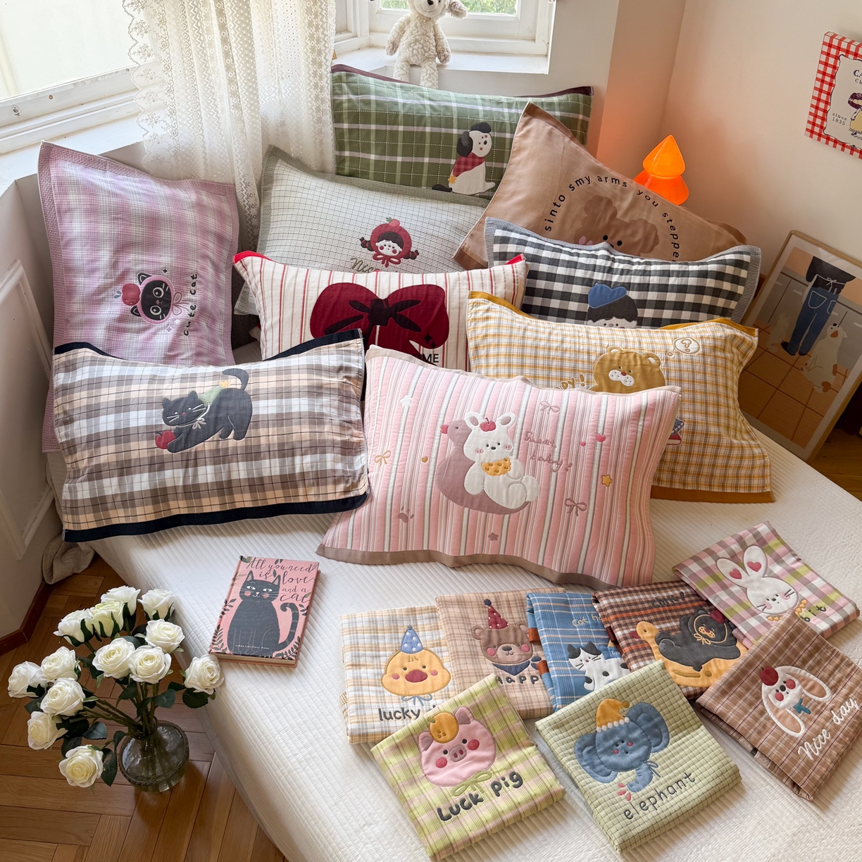 91家纺网 家纺一手货源 找家纺 （总）沐瑟家纺 2025新款卡通格子纯棉八层枕巾 （含质检报告）