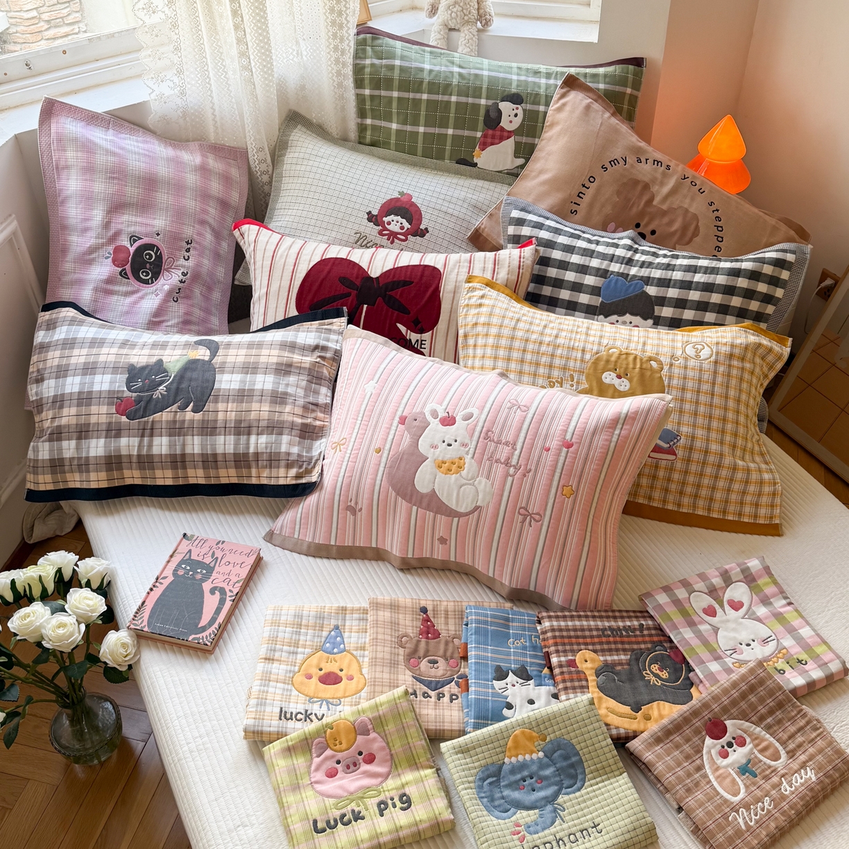91家纺网 家纺一手货源 找家纺 （总）沐瑟家纺 2025新款卡通格子纯棉八层枕巾 （含质检报告）