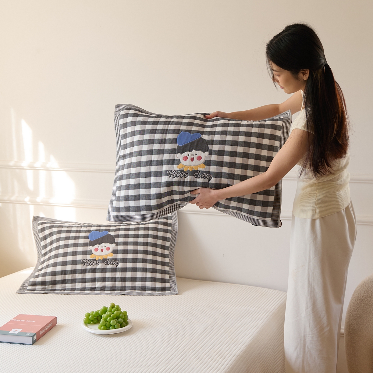 91家纺网 家纺一手货源 找家纺 （总）沐瑟家纺 2025新款卡通格子纯棉八层枕巾 （含质检报告）
