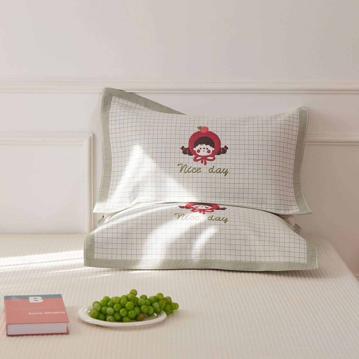 91家纺网 家纺一手货源 找家纺 沐瑟家纺 2025新款卡通格子纯棉八层枕巾（含质检报告） 番茄女孩