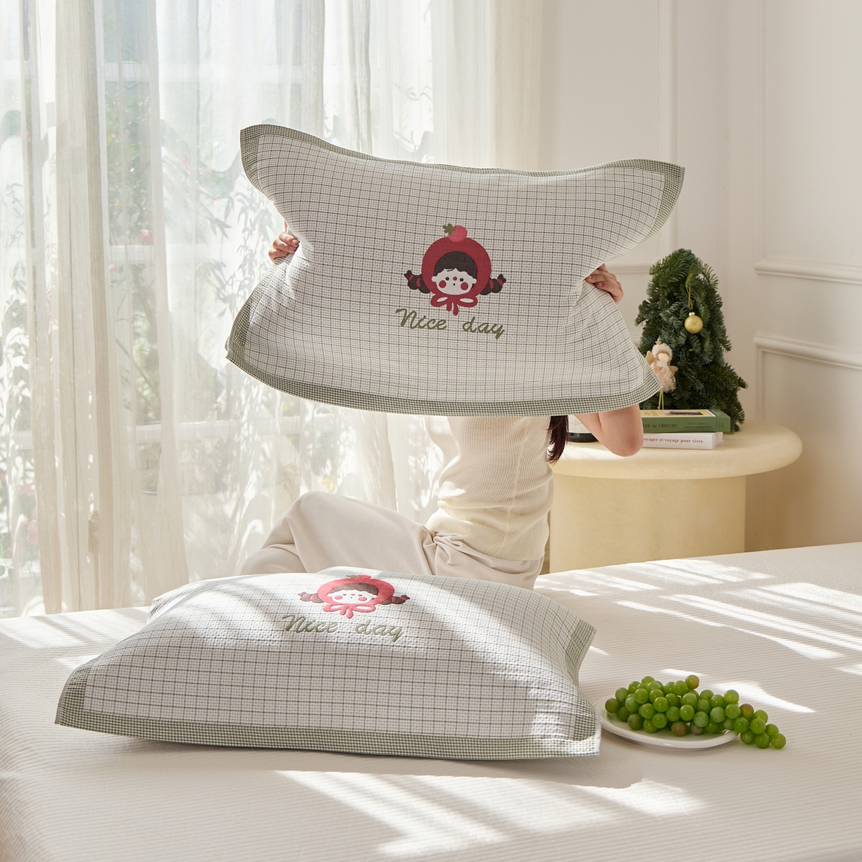 91家纺网 家纺一手货源 找家纺 沐瑟家纺 2025新款卡通格子纯棉八层枕巾（含质检报告） 番茄女孩