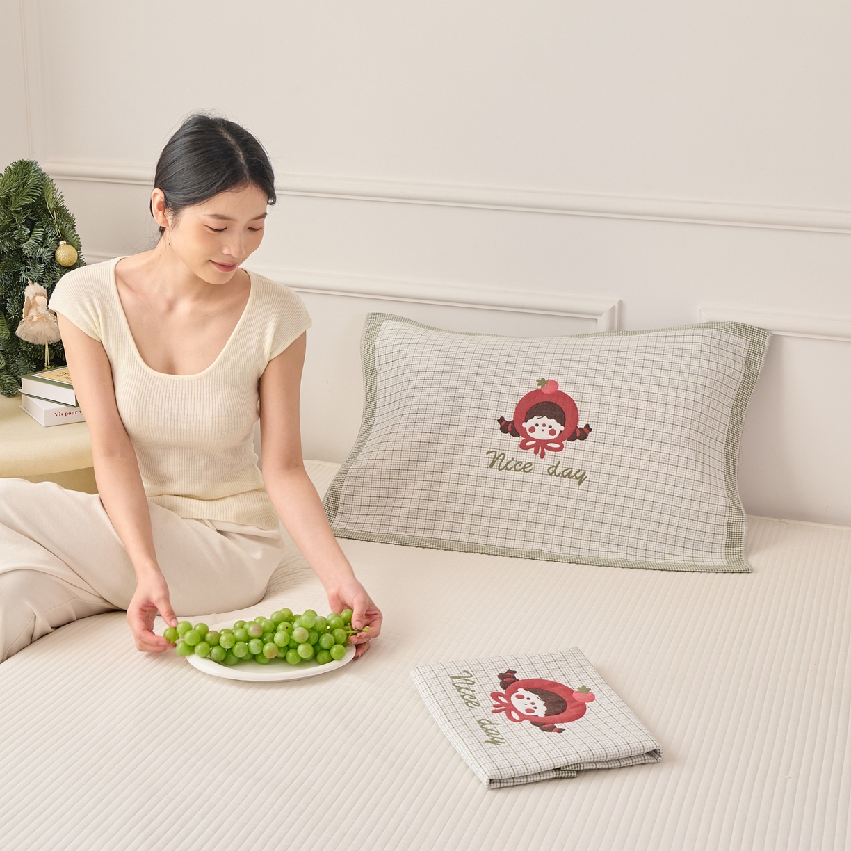 91家纺网 家纺一手货源 找家纺 沐瑟家纺 2025新款卡通格子纯棉八层枕巾（含质检报告） 番茄女孩