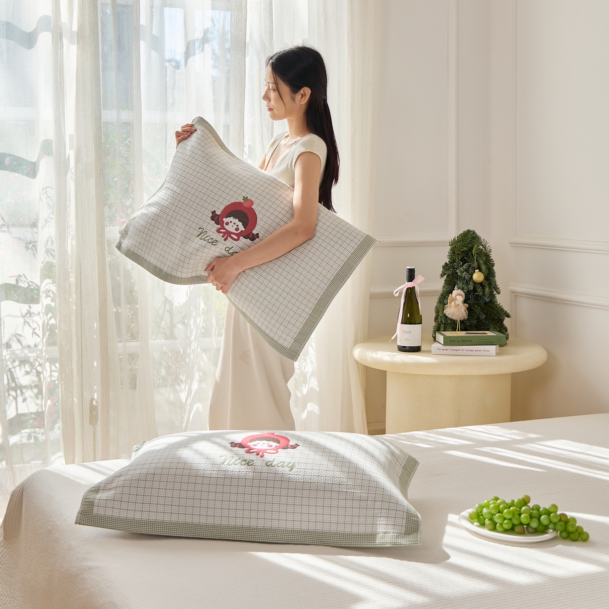 91家纺网 家纺一手货源 找家纺 沐瑟家纺 2025新款卡通格子纯棉八层枕巾（含质检报告） 番茄女孩