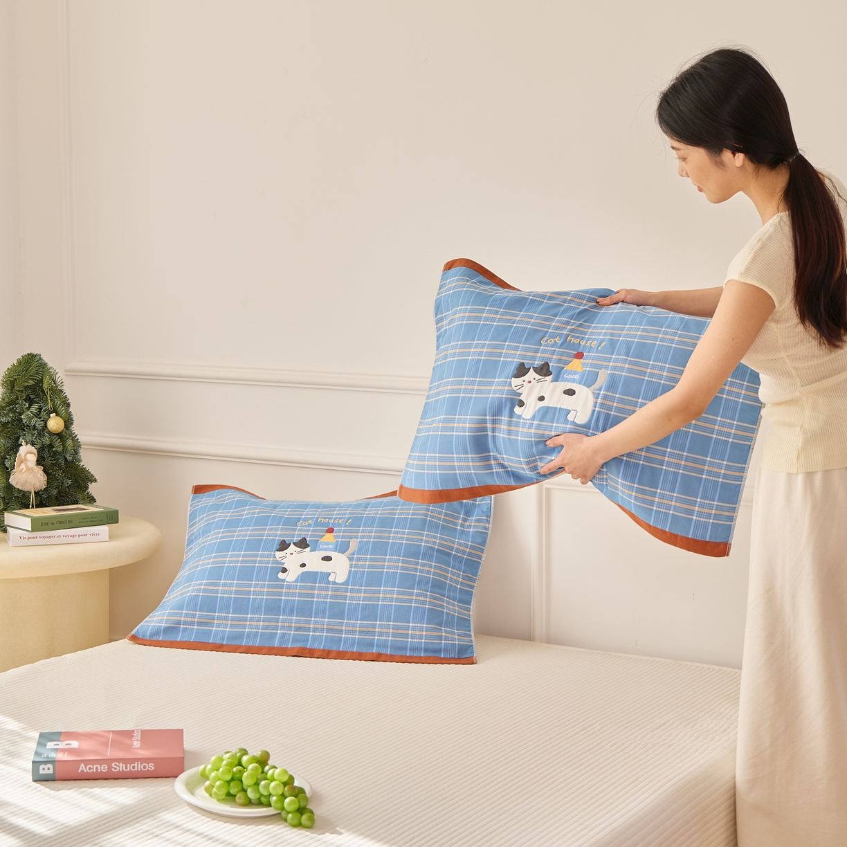 沐瑟家纺 2025新款卡通格子纯棉八层枕巾（含质检报告） 房子猫
