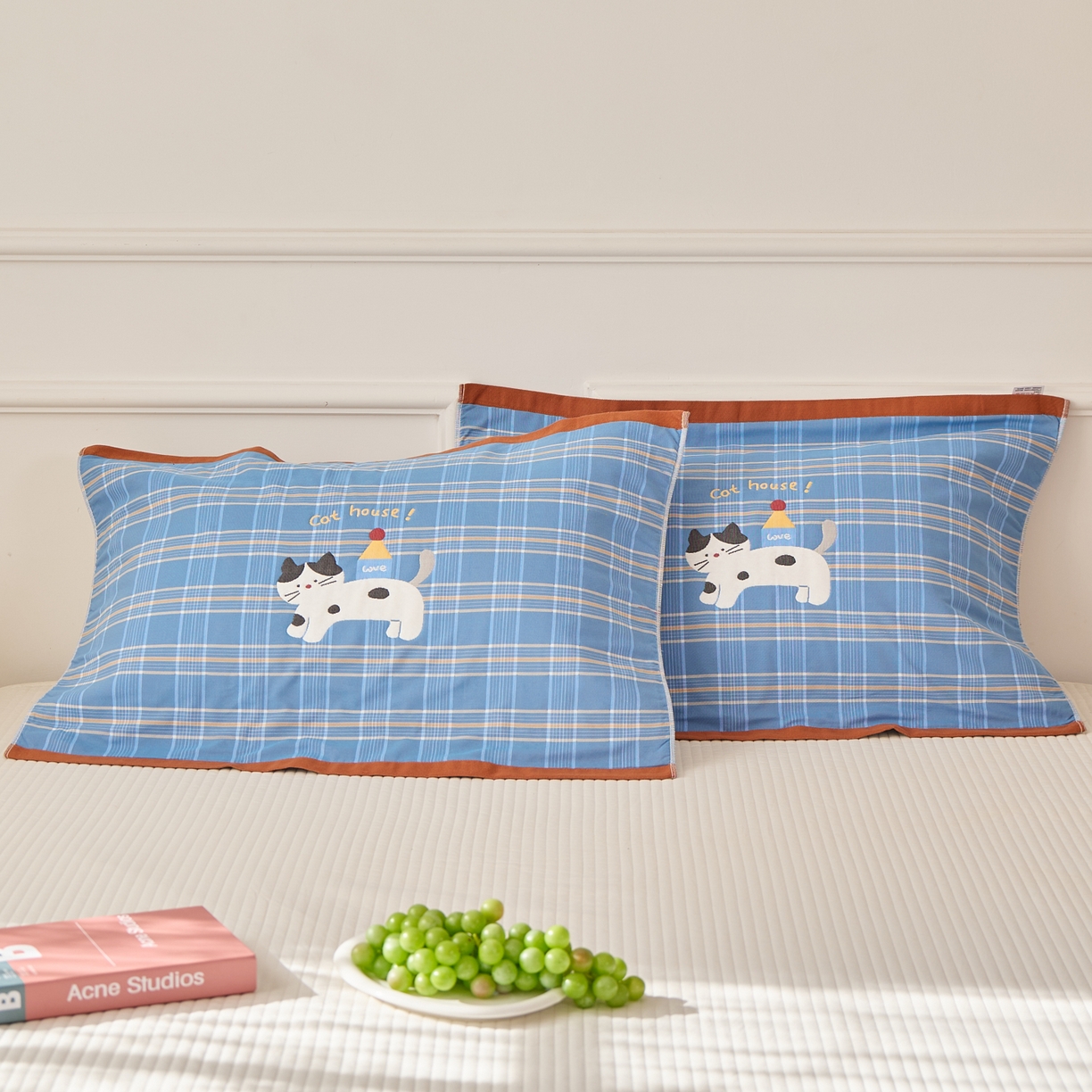 91家纺网 家纺一手货源 找家纺 沐瑟家纺 2025新款卡通格子纯棉八层枕巾（含质检报告） 房子猫