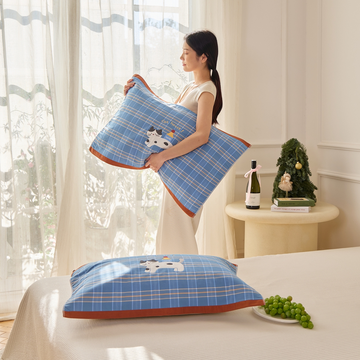 91家纺网 家纺一手货源 找家纺 沐瑟家纺 2025新款卡通格子纯棉八层枕巾（含质检报告） 房子猫