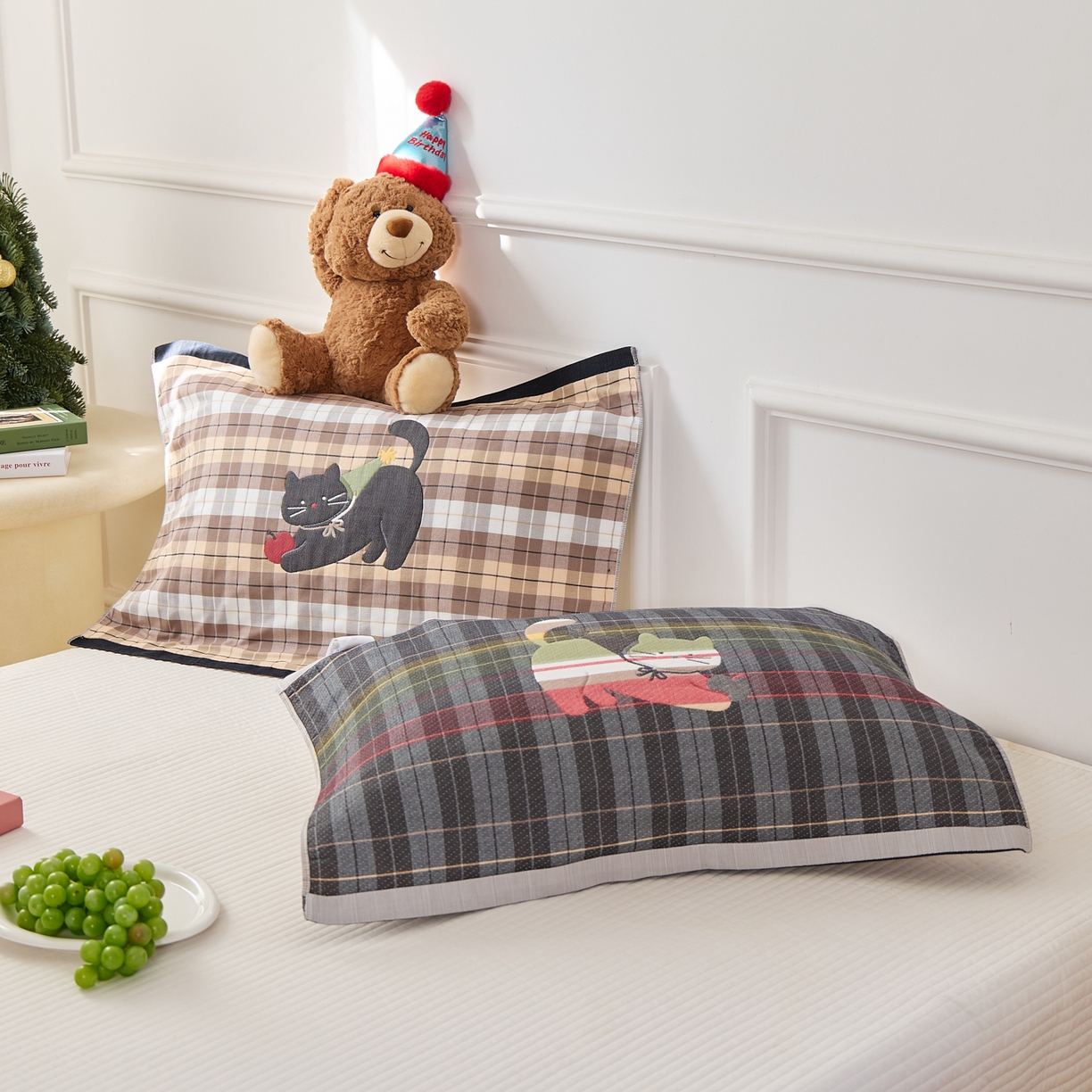 91家纺网 家纺一手货源 找家纺 沐瑟家纺 2025新款卡通格子纯棉八层枕巾（含质检报告） 给予猫