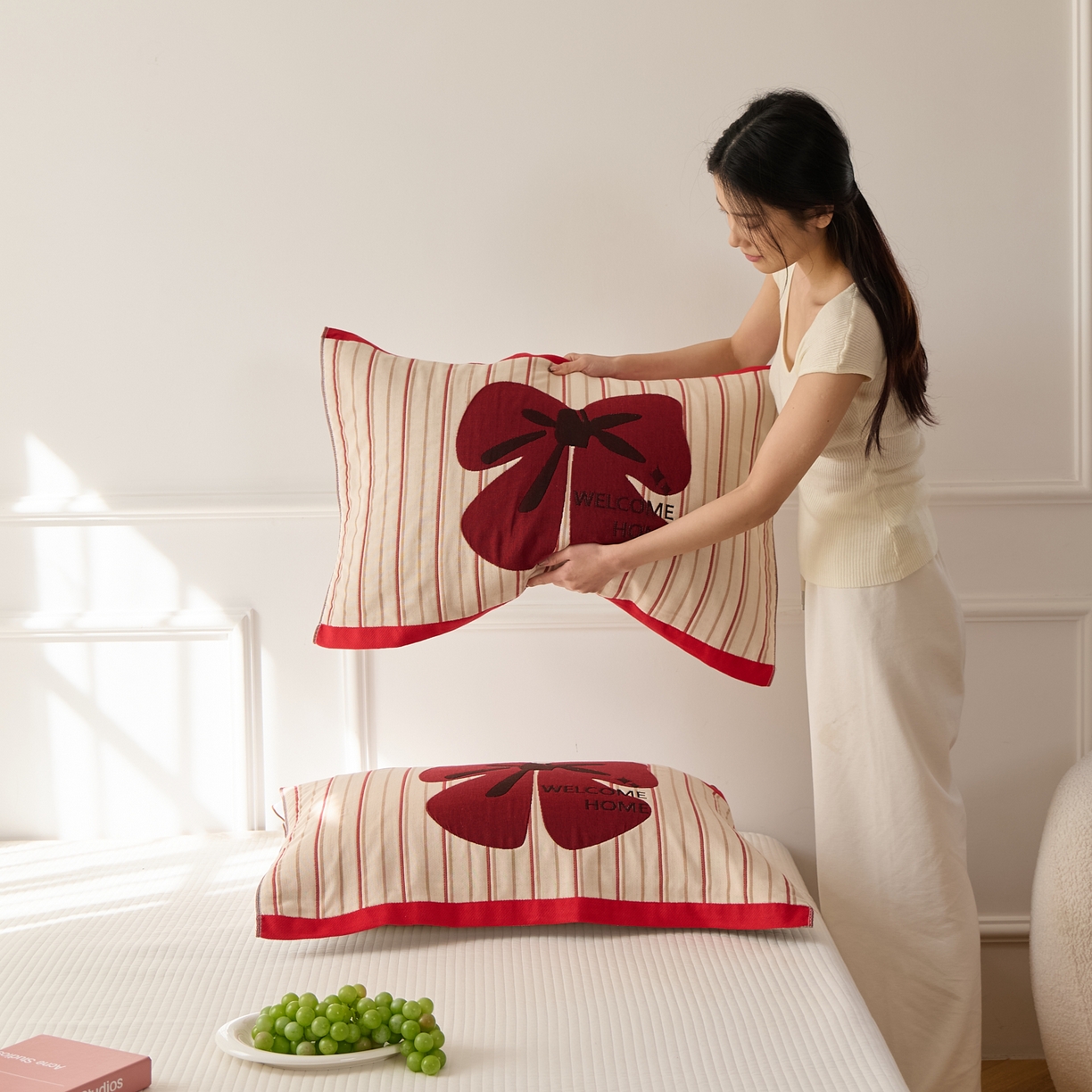 91家纺网 家纺一手货源 找家纺 沐瑟家纺 2025新款卡通格子纯棉八层枕巾（含质检报告） 蝴蝶结