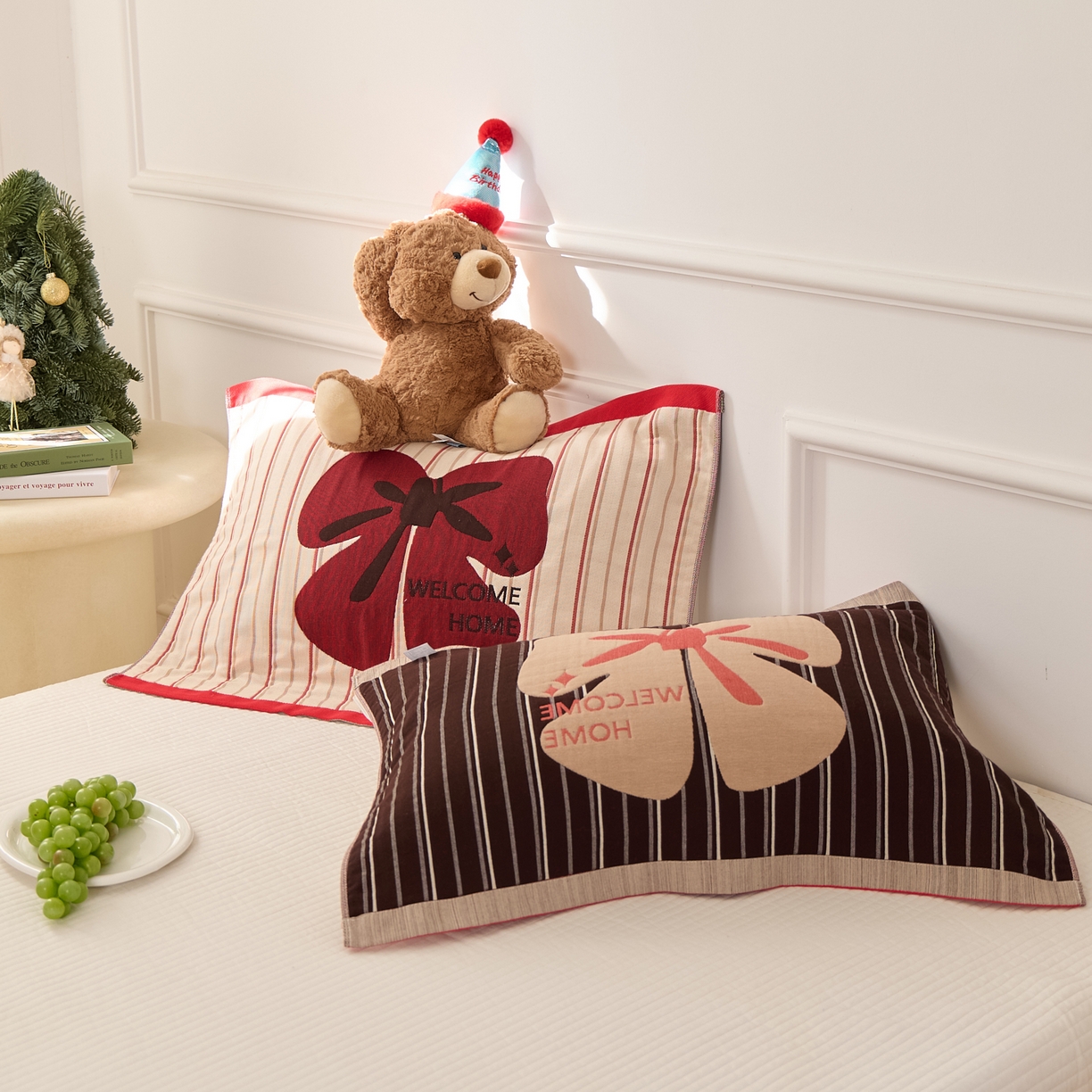 91家纺网 家纺一手货源 找家纺 沐瑟家纺 2025新款卡通格子纯棉八层枕巾（含质检报告） 蝴蝶结