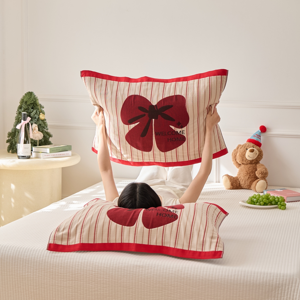 91家纺网 家纺一手货源 找家纺 沐瑟家纺 2025新款卡通格子纯棉八层枕巾（含质检报告） 蝴蝶结