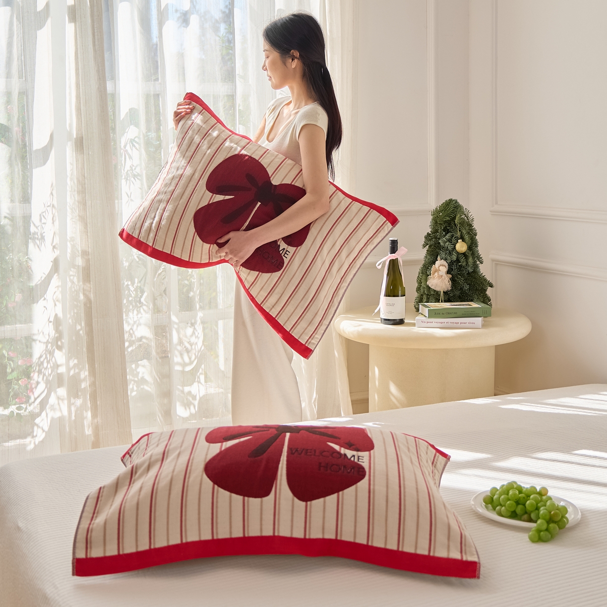 91家纺网 家纺一手货源 找家纺 沐瑟家纺 2025新款卡通格子纯棉八层枕巾（含质检报告） 蝴蝶结