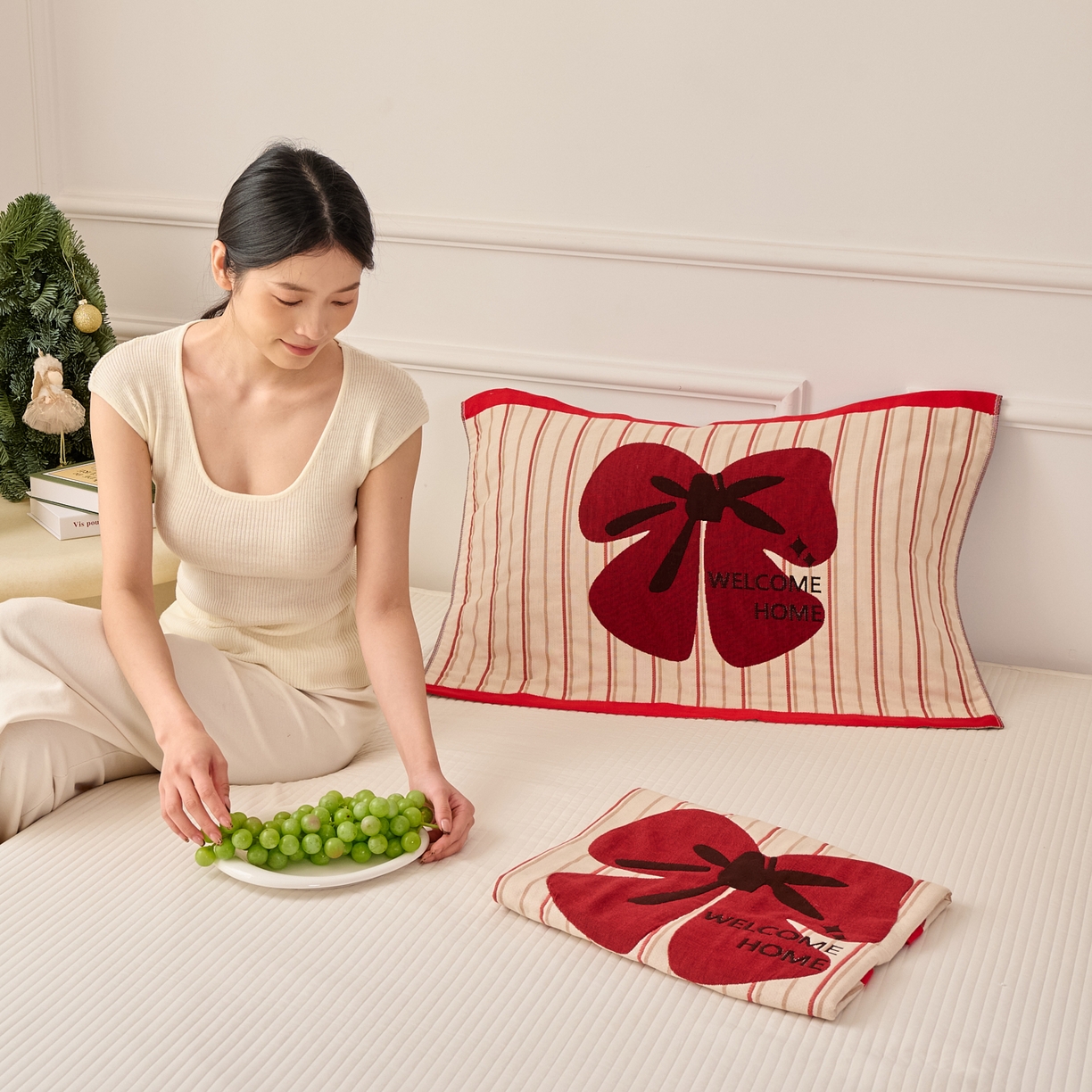 91家纺网 家纺一手货源 找家纺 沐瑟家纺 2025新款卡通格子纯棉八层枕巾（含质检报告） 蝴蝶结