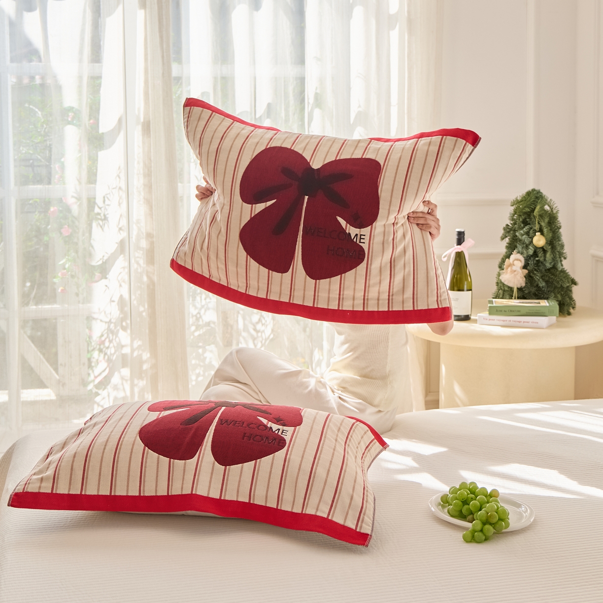 91家纺网 家纺一手货源 找家纺 沐瑟家纺 2025新款卡通格子纯棉八层枕巾（含质检报告） 蝴蝶结