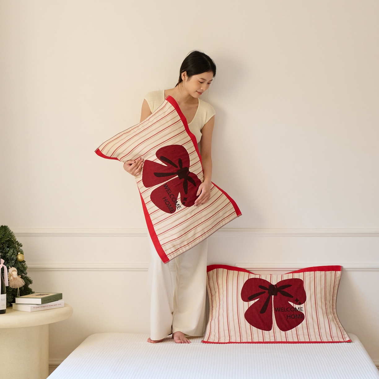 91家纺网 家纺一手货源 找家纺 沐瑟家纺 2025新款卡通格子纯棉八层枕巾（含质检报告） 蝴蝶结