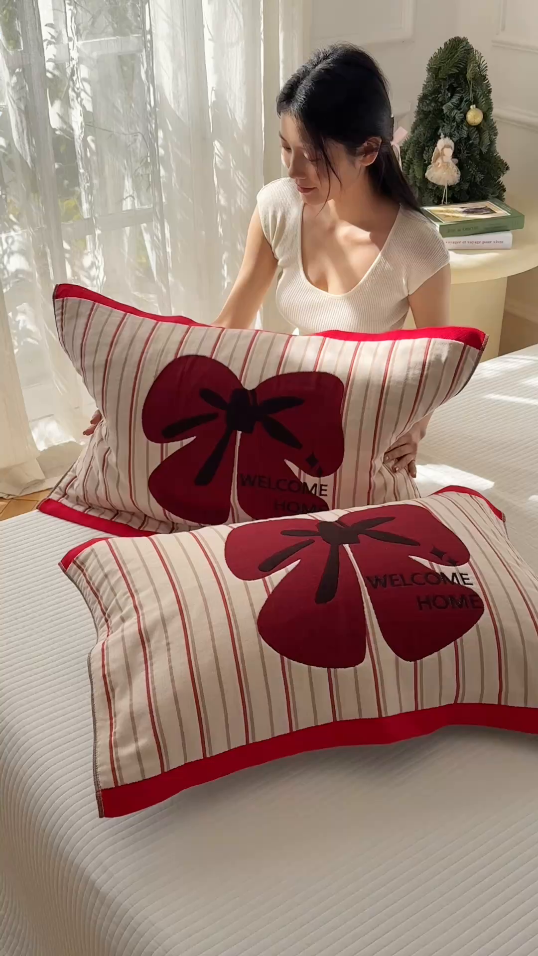 91家纺网 家纺一手货源 找家纺 沐瑟家纺 2025新款卡通格子纯棉八层枕巾（含质检报告） 蝴蝶结