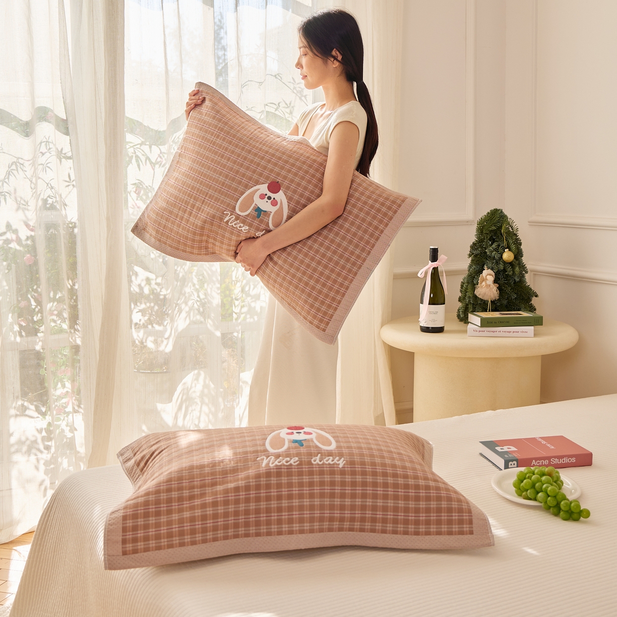 91家纺网 家纺一手货源 找家纺 沐瑟家纺 2025新款卡通格子纯棉八层枕巾（含质检报告） 桔小兔