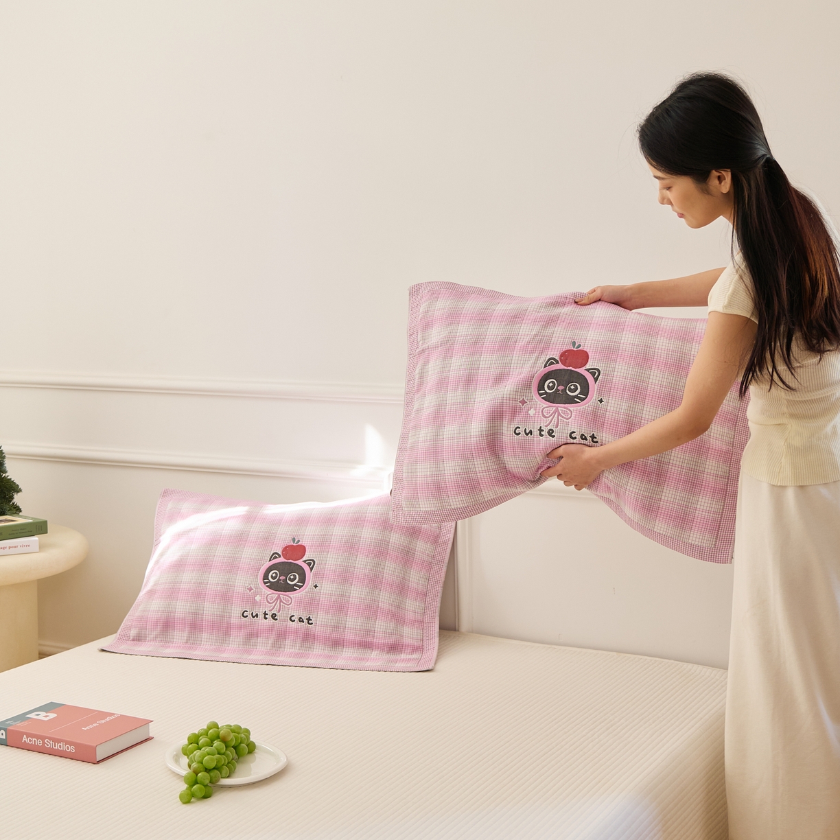 沐瑟家纺 2025新款卡通格子纯棉八层枕巾（含质检报告） 苹果猫