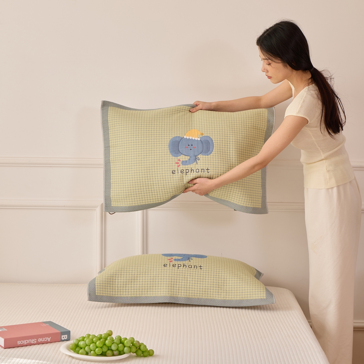 91家纺网 家纺一手货源 找家纺 沐瑟家纺 2025新款卡通格子纯棉八层枕巾（含质检报告） 水滴象