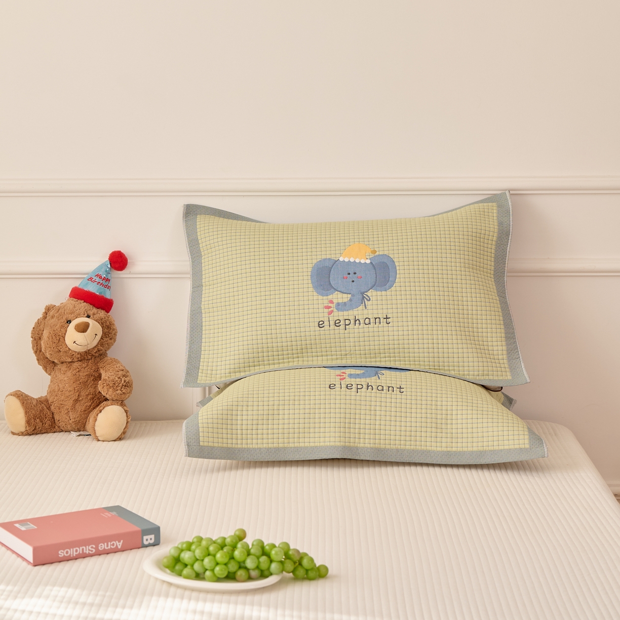 91家纺网 家纺一手货源 找家纺 沐瑟家纺 2025新款卡通格子纯棉八层枕巾（含质检报告） 水滴象