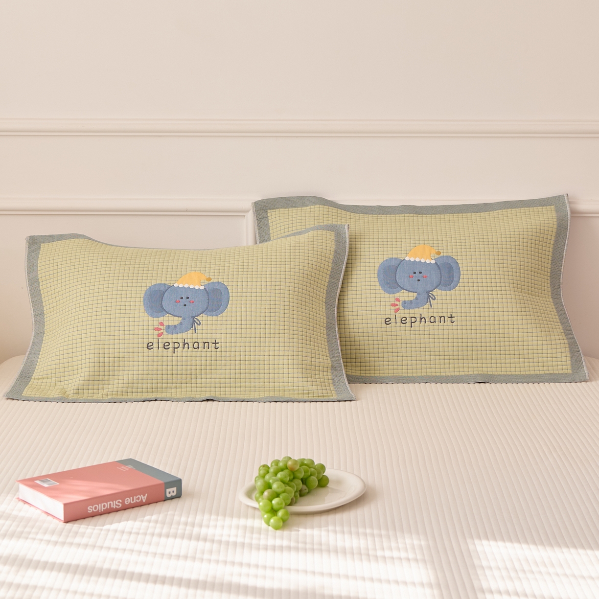 91家纺网 家纺一手货源 找家纺 沐瑟家纺 2025新款卡通格子纯棉八层枕巾（含质检报告） 水滴象