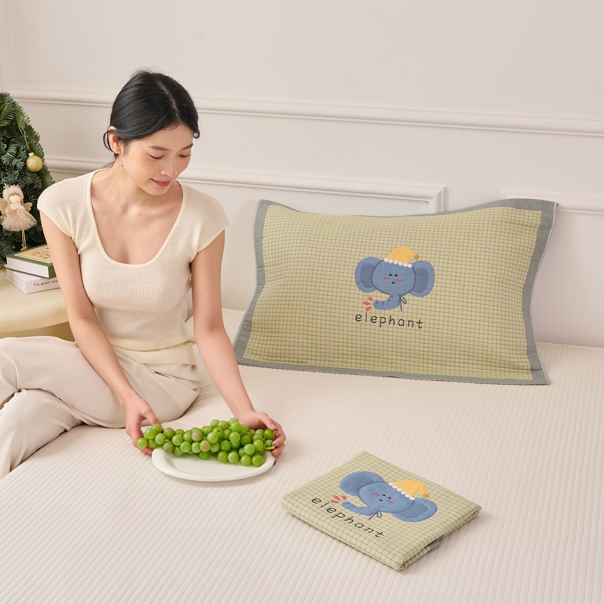 91家纺网 家纺一手货源 找家纺 沐瑟家纺 2025新款卡通格子纯棉八层枕巾（含质检报告） 水滴象