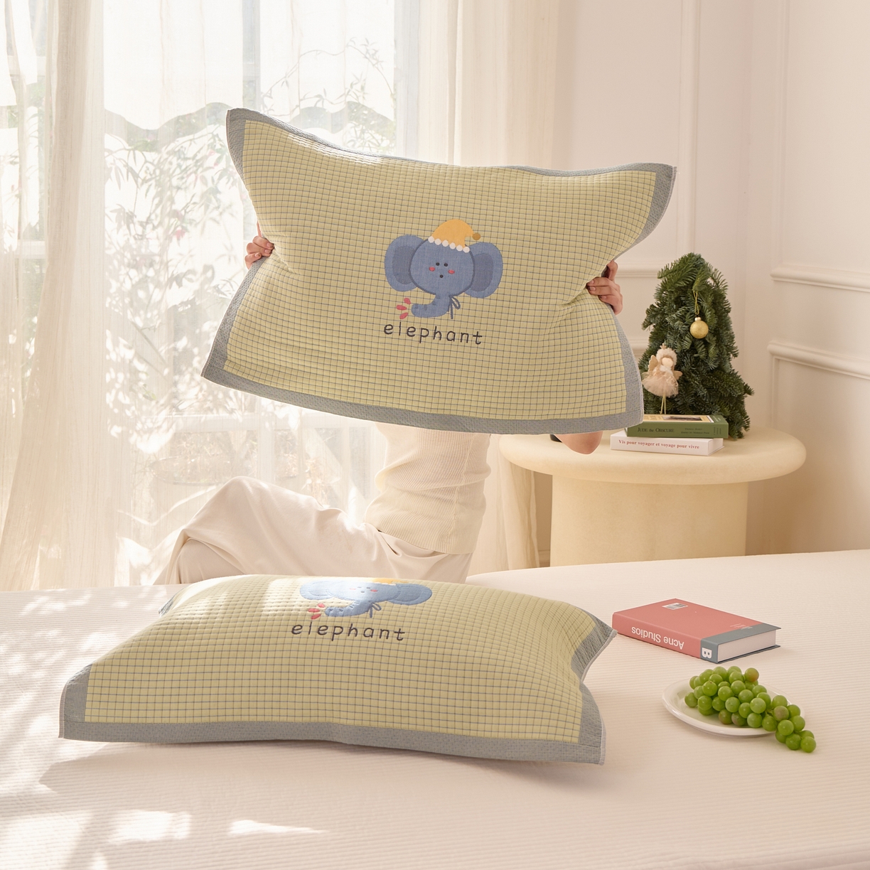 91家纺网 家纺一手货源 找家纺 沐瑟家纺 2025新款卡通格子纯棉八层枕巾（含质检报告） 水滴象