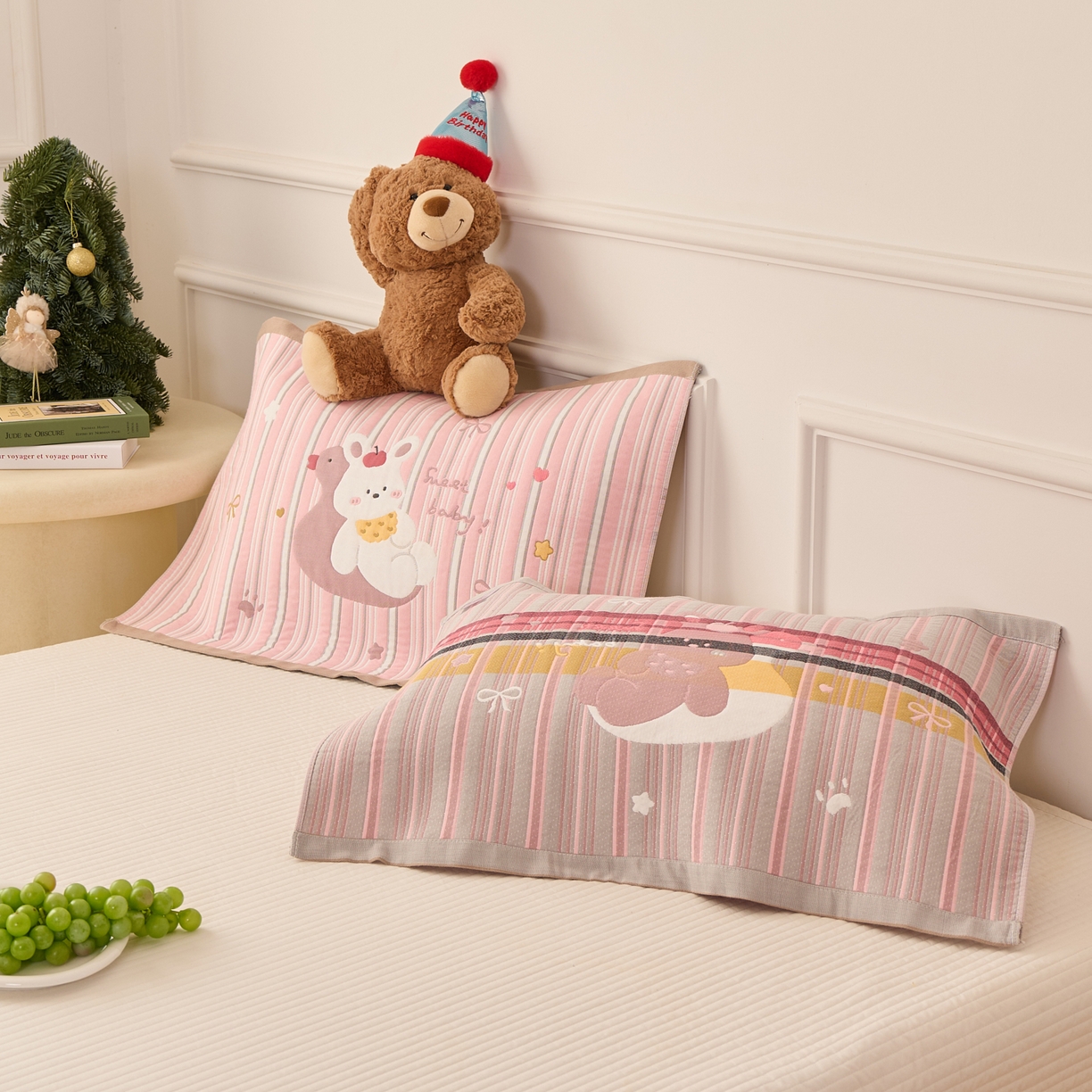 91家纺网 家纺一手货源 找家纺 沐瑟家纺 2025新款卡通格子纯棉八层枕巾（含质检报告） 兔子鸭子