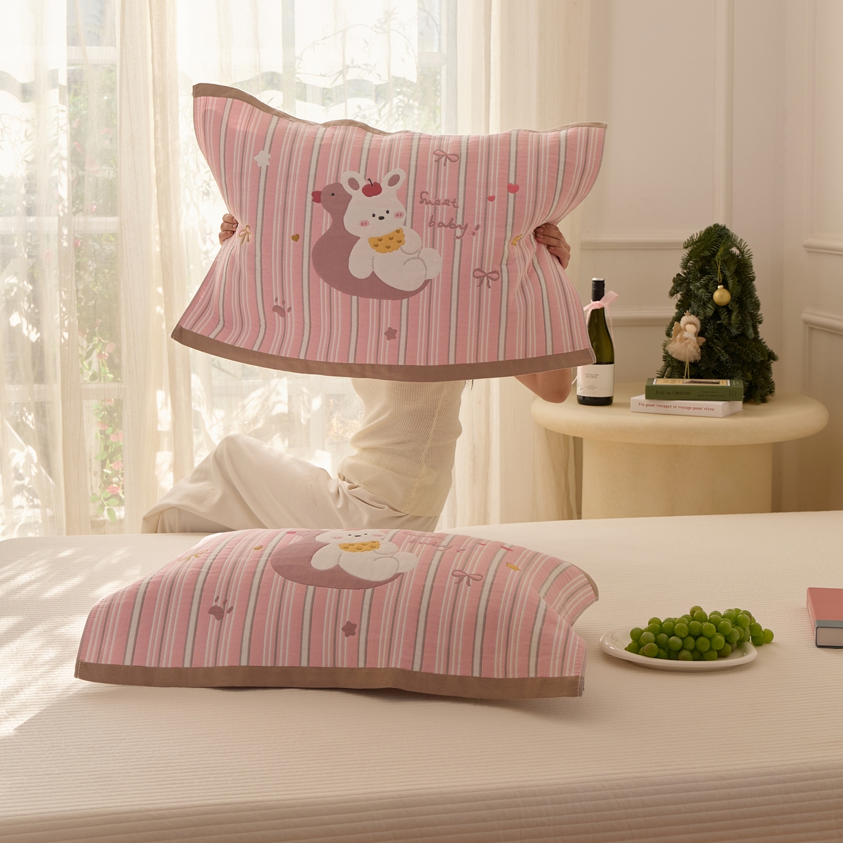 91家纺网 家纺一手货源 找家纺 沐瑟家纺 2025新款卡通格子纯棉八层枕巾（含质检报告） 兔子鸭子