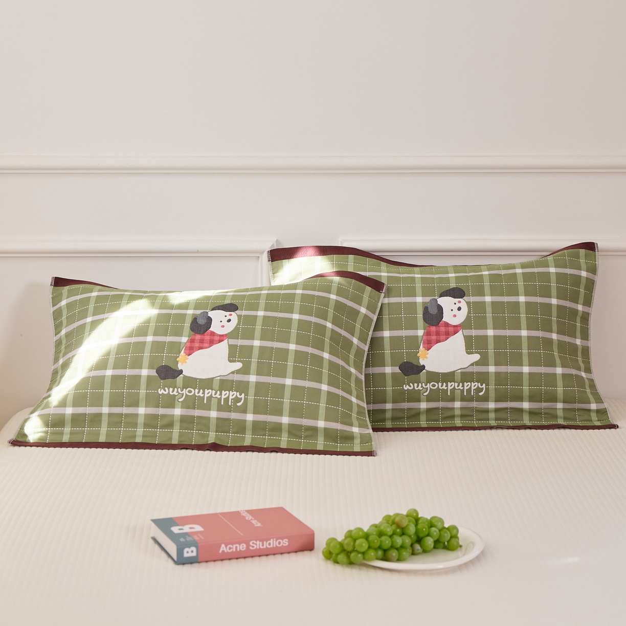 91家纺网 家纺一手货源 找家纺 沐瑟家纺 2025新款卡通格子纯棉八层枕巾（含质检报告） 围巾狗