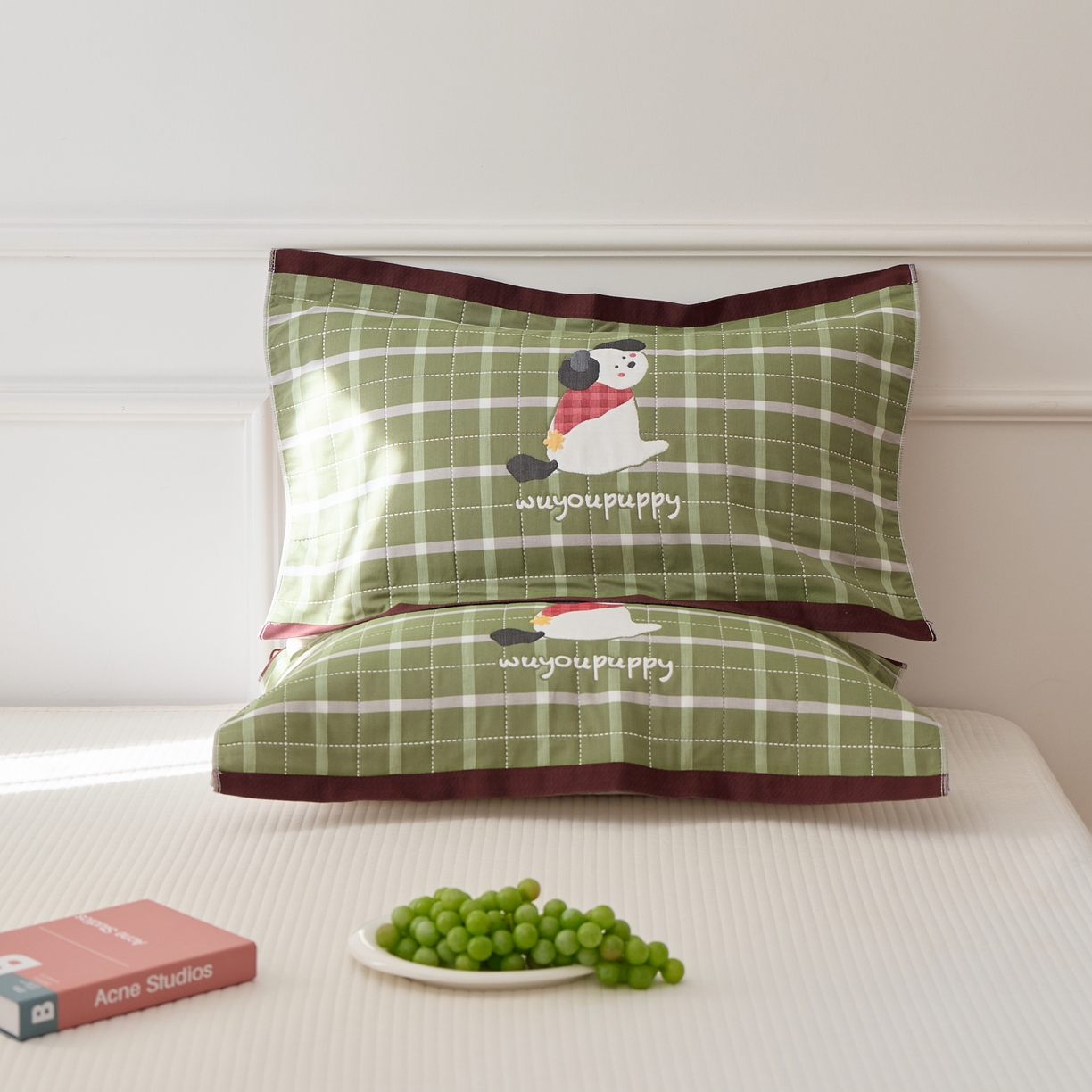 91家纺网 家纺一手货源 找家纺 沐瑟家纺 2025新款卡通格子纯棉八层枕巾（含质检报告） 围巾狗