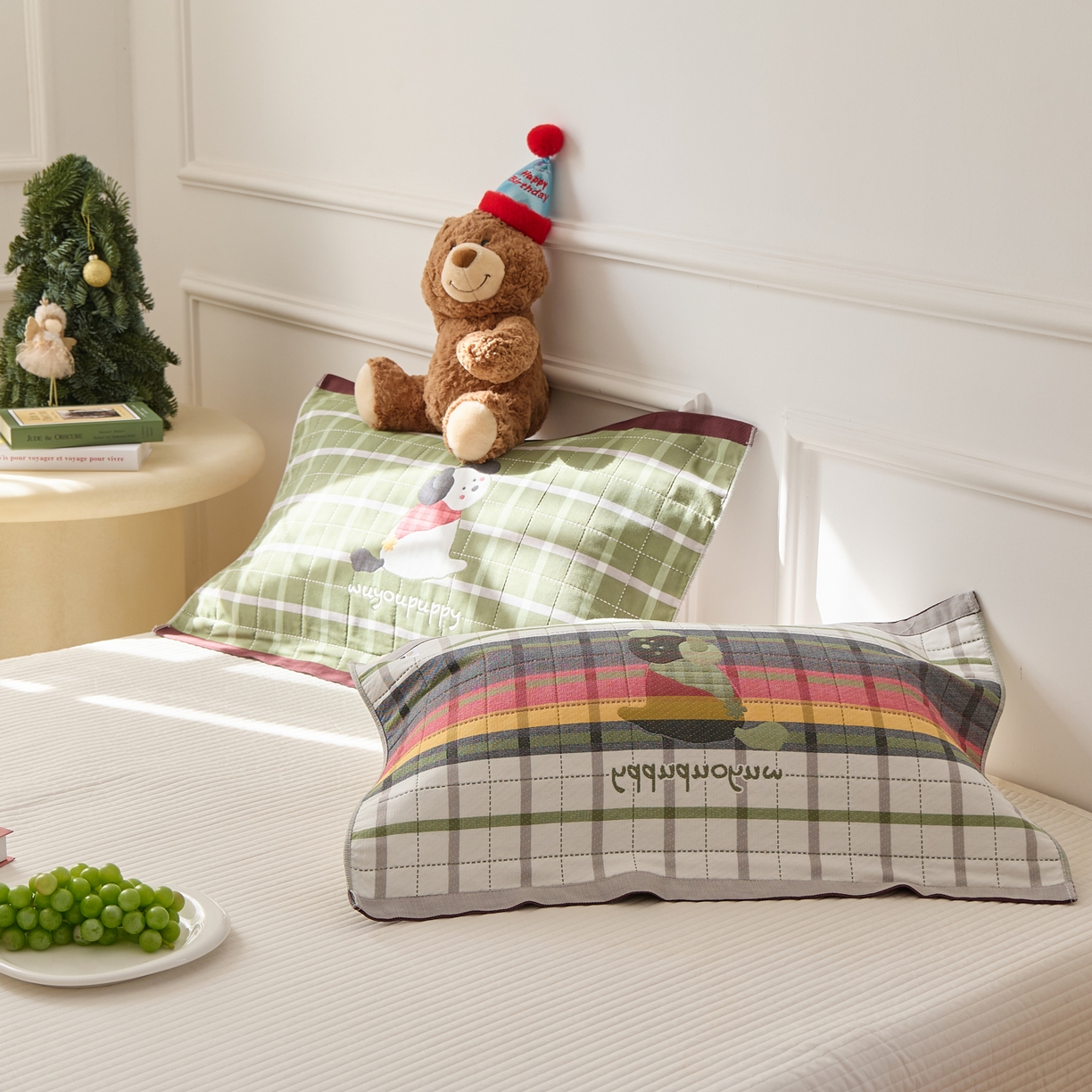 91家纺网 家纺一手货源 找家纺 沐瑟家纺 2025新款卡通格子纯棉八层枕巾（含质检报告） 围巾狗