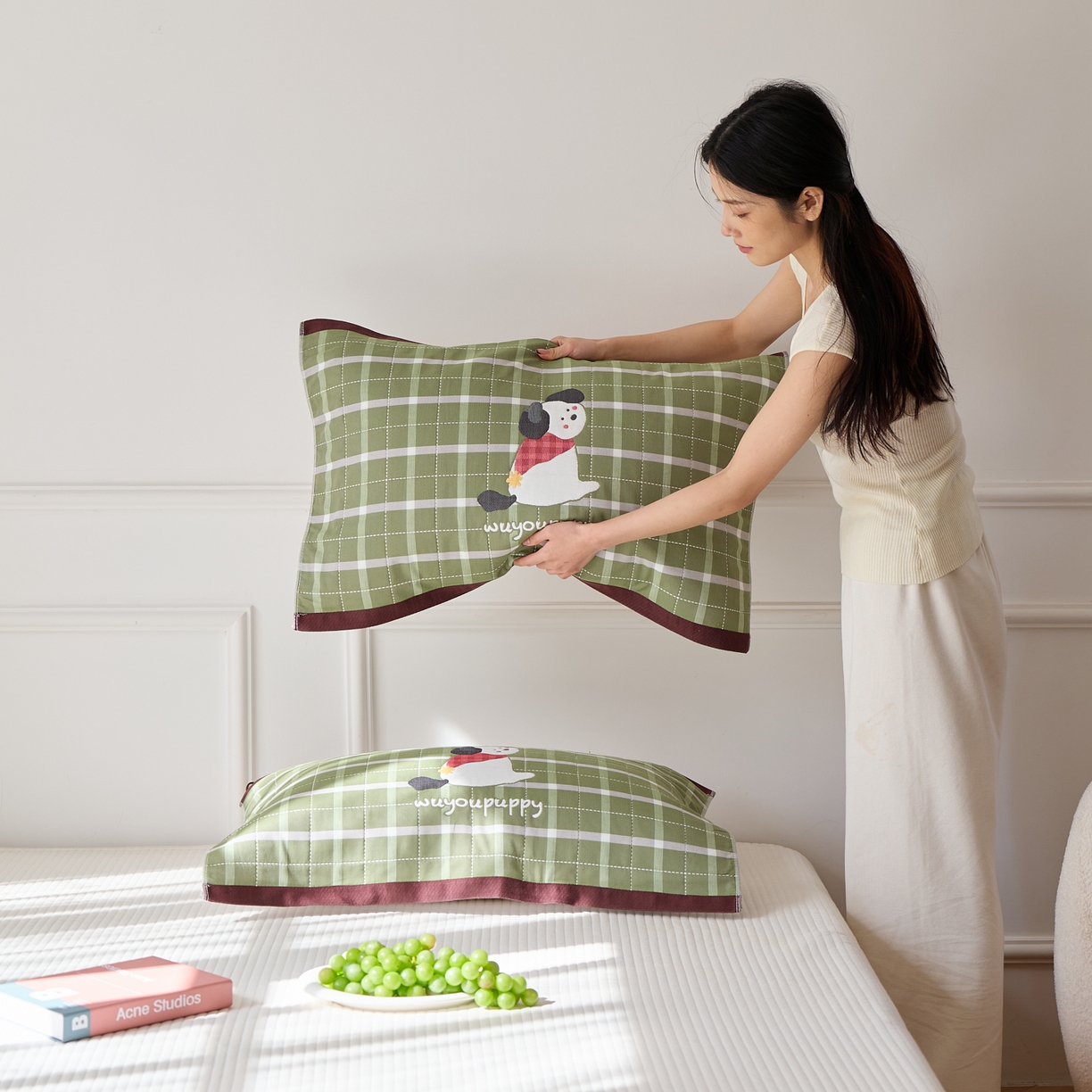 91家纺网 家纺一手货源 找家纺 沐瑟家纺 2025新款卡通格子纯棉八层枕巾（含质检报告） 围巾狗