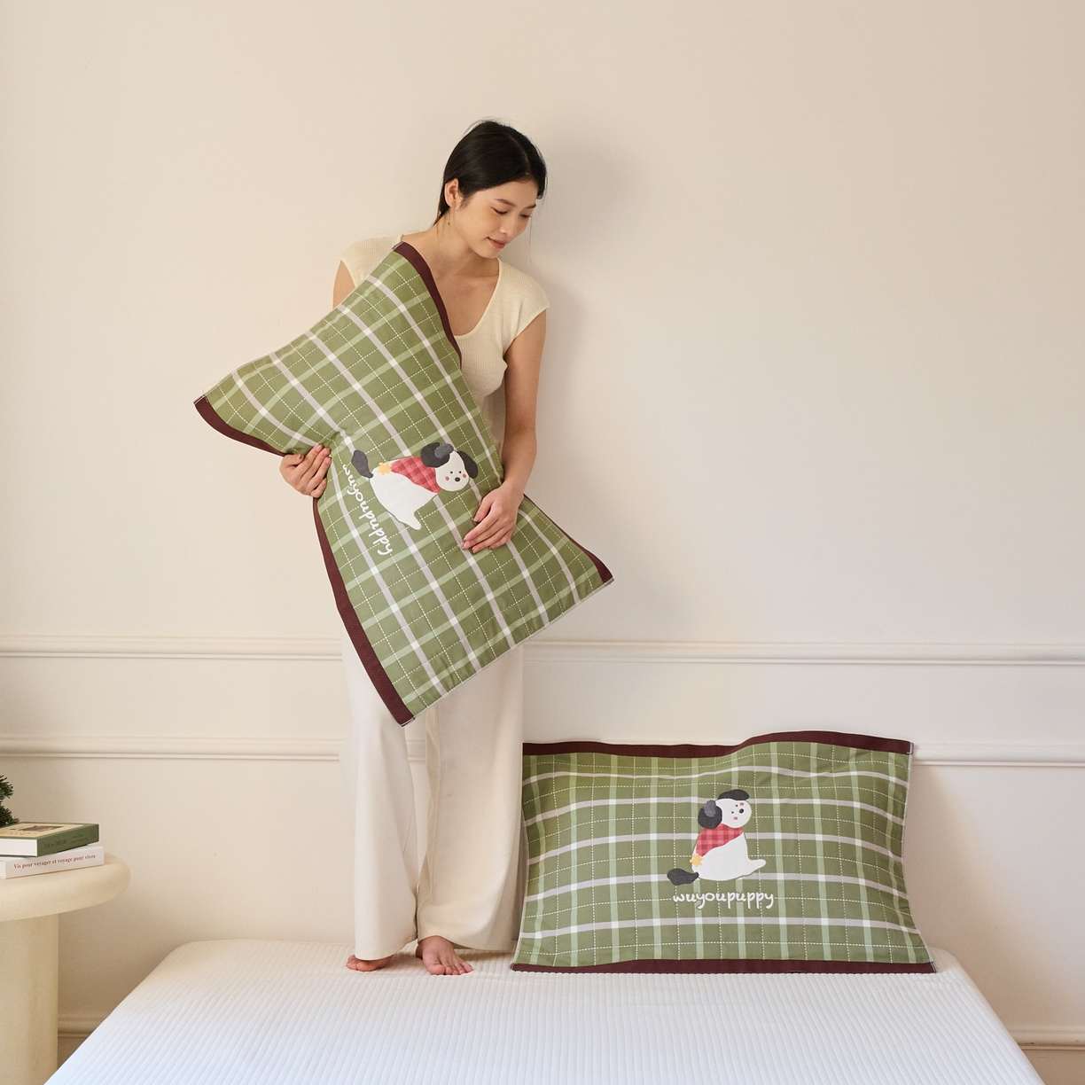 91家纺网 家纺一手货源 找家纺 沐瑟家纺 2025新款卡通格子纯棉八层枕巾（含质检报告） 围巾狗