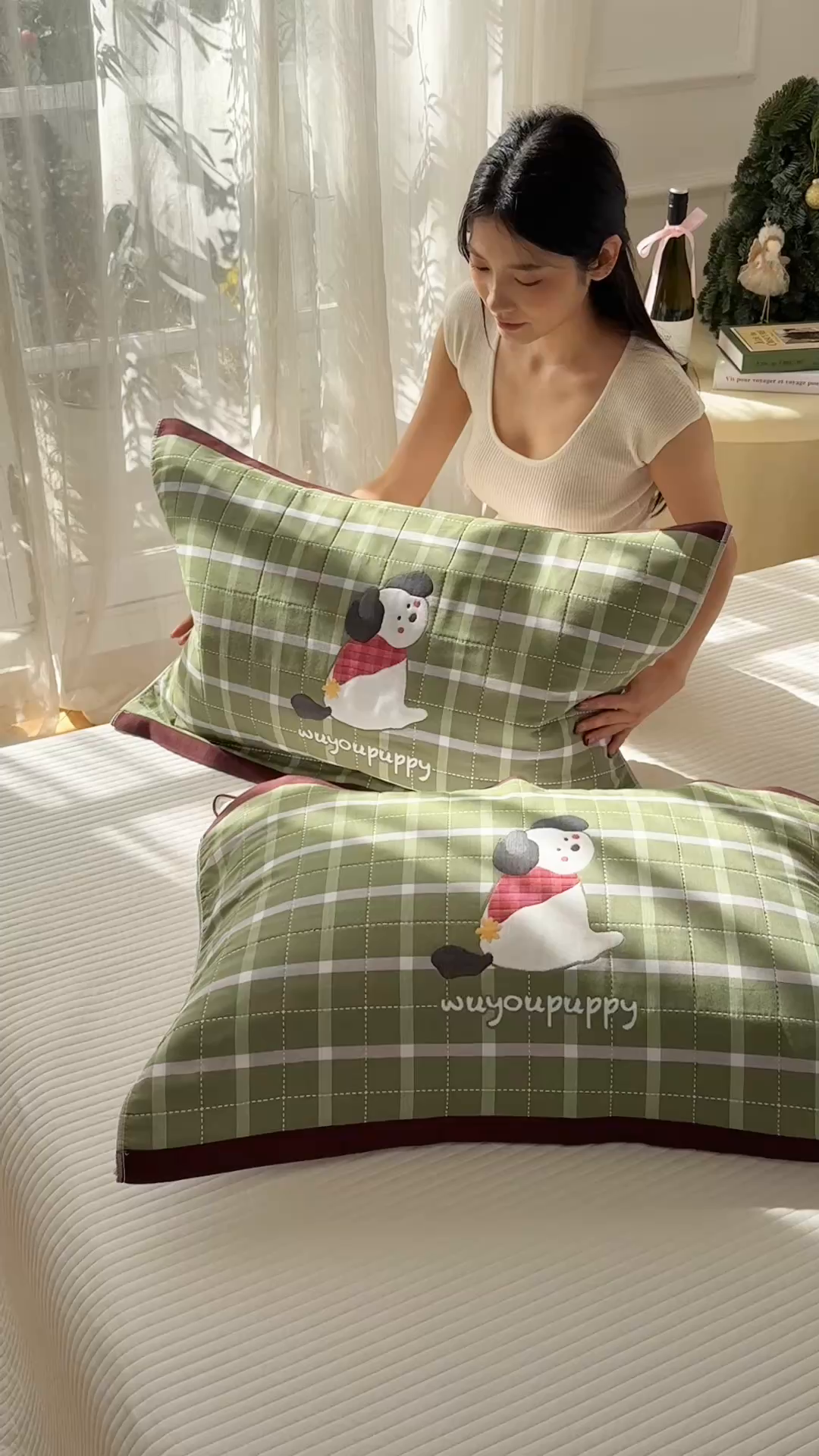 91家纺网 家纺一手货源 找家纺 沐瑟家纺 2025新款卡通格子纯棉八层枕巾（含质检报告） 围巾狗