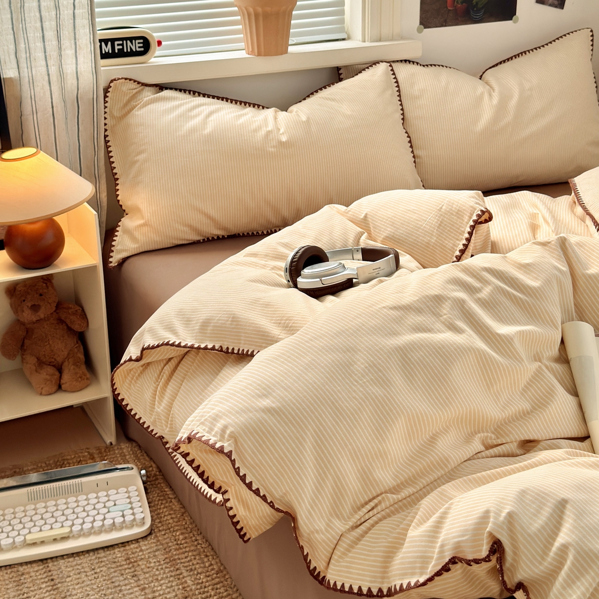 91家纺网 家纺一手货源 找家纺 小叮当家纺仓储工厂店 (买家秀 爆款花型 不断货)2025秋冬新款全棉纯棉加厚磨毛贝壳边工艺款四件套 森系米