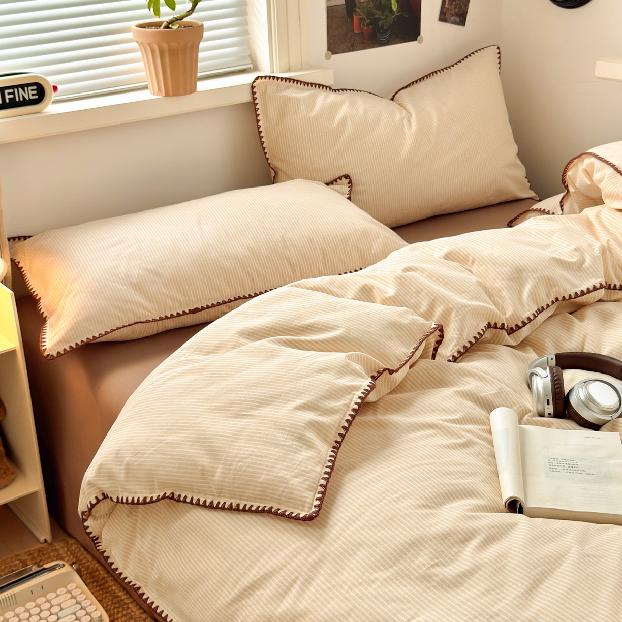 91家纺网 家纺一手货源 找家纺 小叮当家纺仓储工厂店 (买家秀 爆款花型 不断货)2025秋冬新款全棉纯棉加厚磨毛贝壳边工艺款四件套 森系米