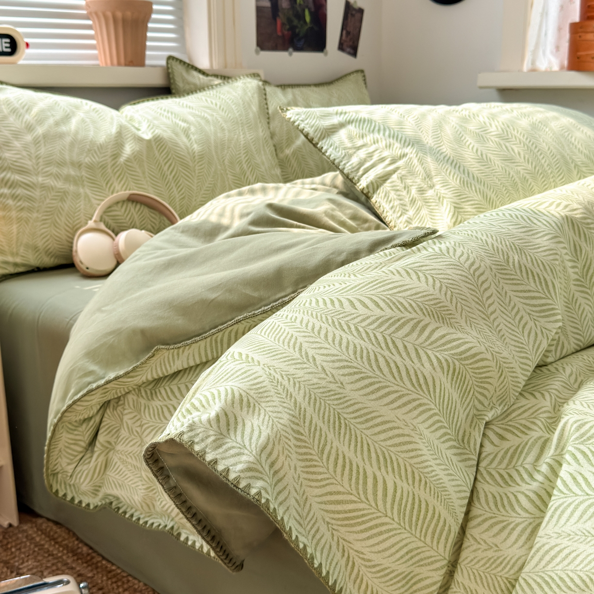 91家纺网 家纺一手货源 找家纺 小叮当家纺仓储工厂店 (买家秀 爆款花型 不断货)2025秋冬新款全棉纯棉加厚磨毛贝壳边工艺款四件套 锦绣绿