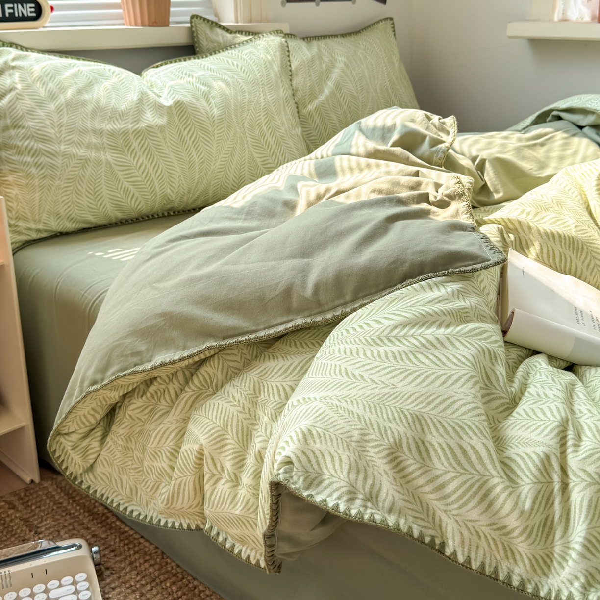 91家纺网 家纺一手货源 找家纺 小叮当家纺仓储工厂店 (买家秀 爆款花型 不断货)2025秋冬新款全棉纯棉加厚磨毛贝壳边工艺款四件套 锦绣绿