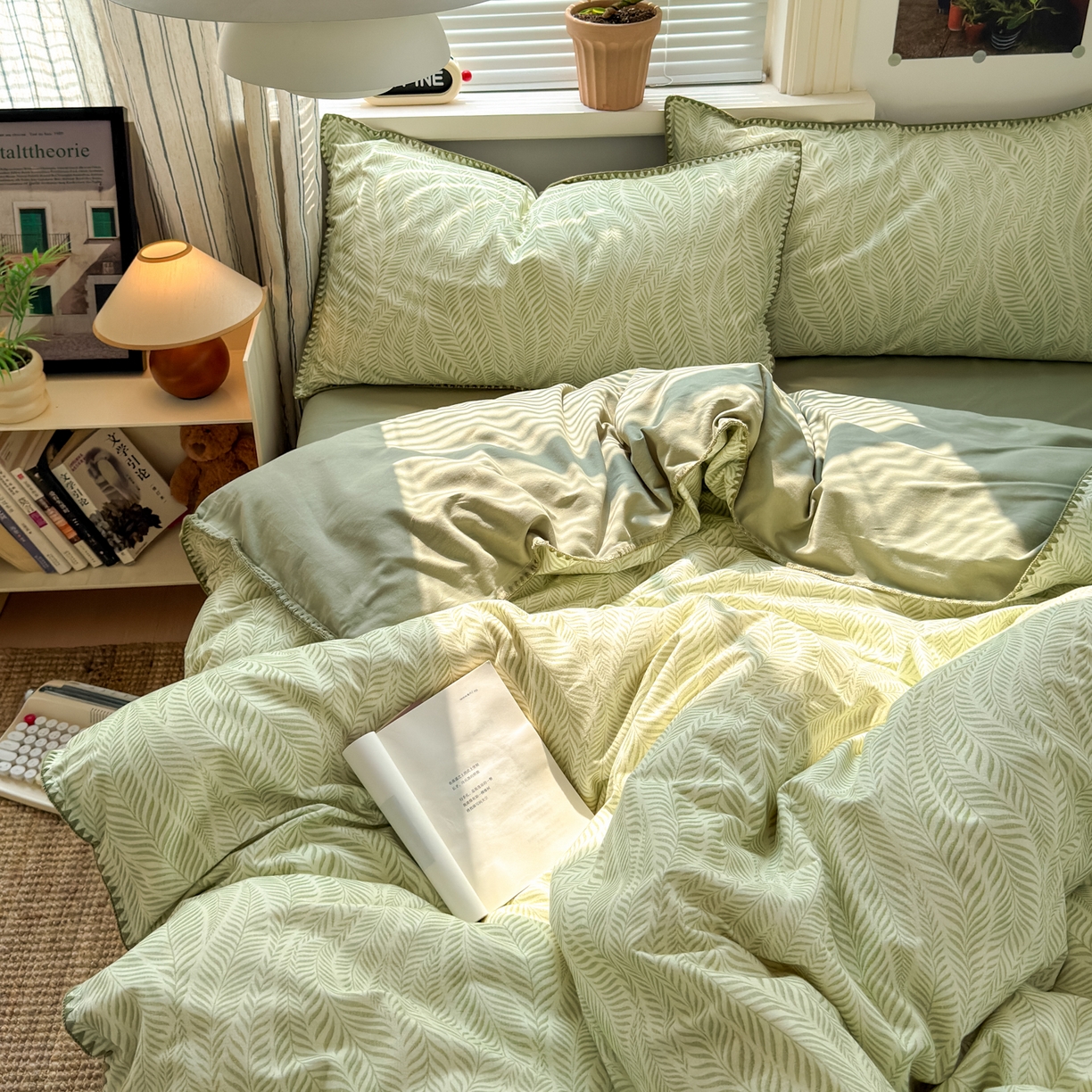 91家纺网 家纺一手货源 找家纺 小叮当家纺仓储工厂店 (买家秀 爆款花型 不断货)2025秋冬新款全棉纯棉加厚磨毛贝壳边工艺款四件套 锦绣绿