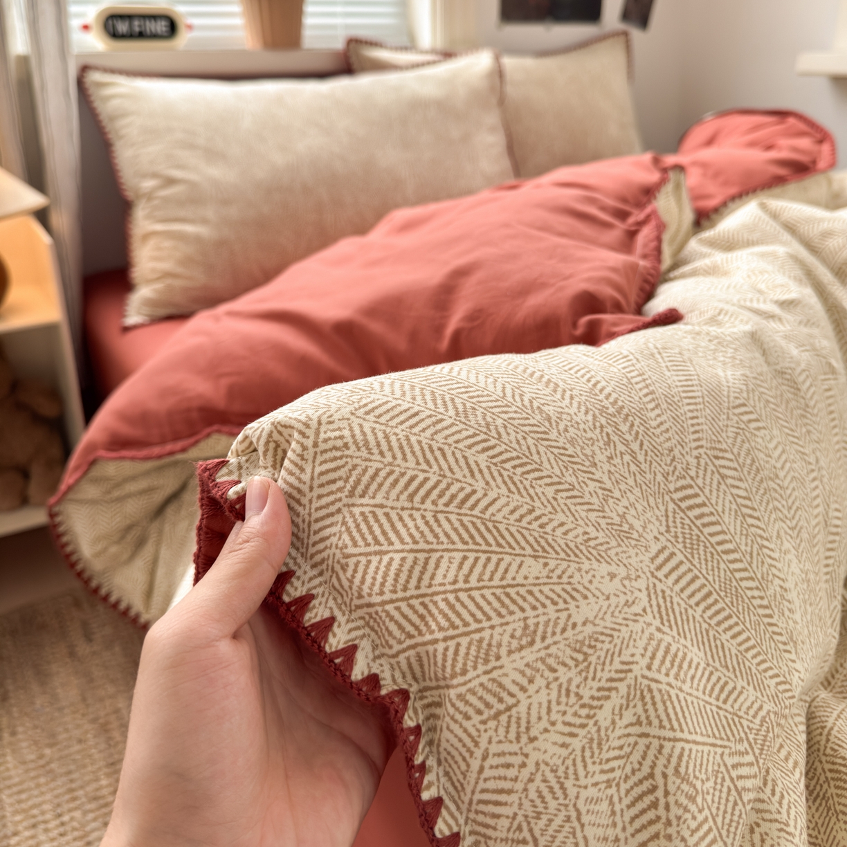 小叮当家纺仓储工厂店 (买家秀 爆款花型 不断货)2025秋冬新款全棉纯棉加厚磨毛贝壳边工艺款四件套 南音咖